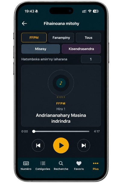 Écran Écoute en continu de Fihirana Audio+