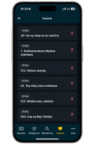 Écran Favoris de Fihirana Audio+